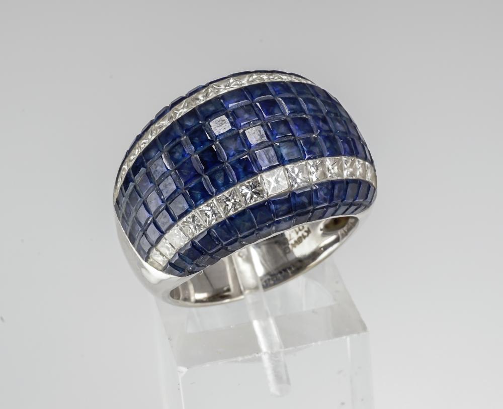 Appraisal: -KARAT WHITE-GOLD BLUE SAPPHIRE AND DIAMOND RING -Karat White-Gold Blue