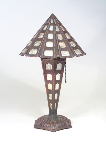 Appraisal: STYLE OF ELIZABETH BURTON Hammered copper glass and mother-of-pearl table