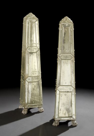 Appraisal: Large Pair of Italian Cut and Beveled Mirrored Glass-Veneered Obelisks