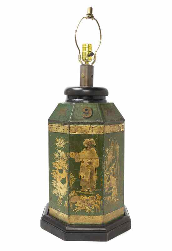 Appraisal: An English Tole Tea Canister of octagonal form having figural