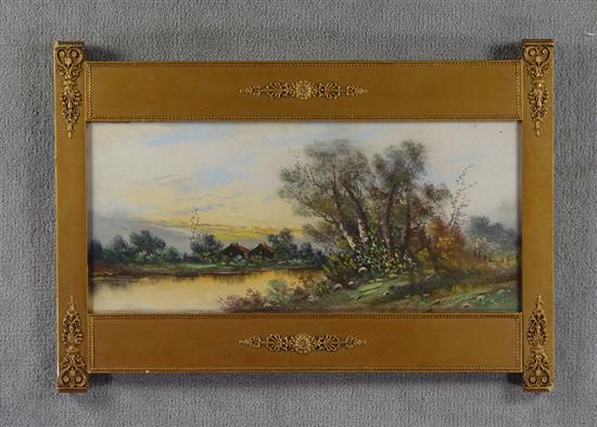 Appraisal: Pastel Landscape With pond and cottages with trees Signed lower