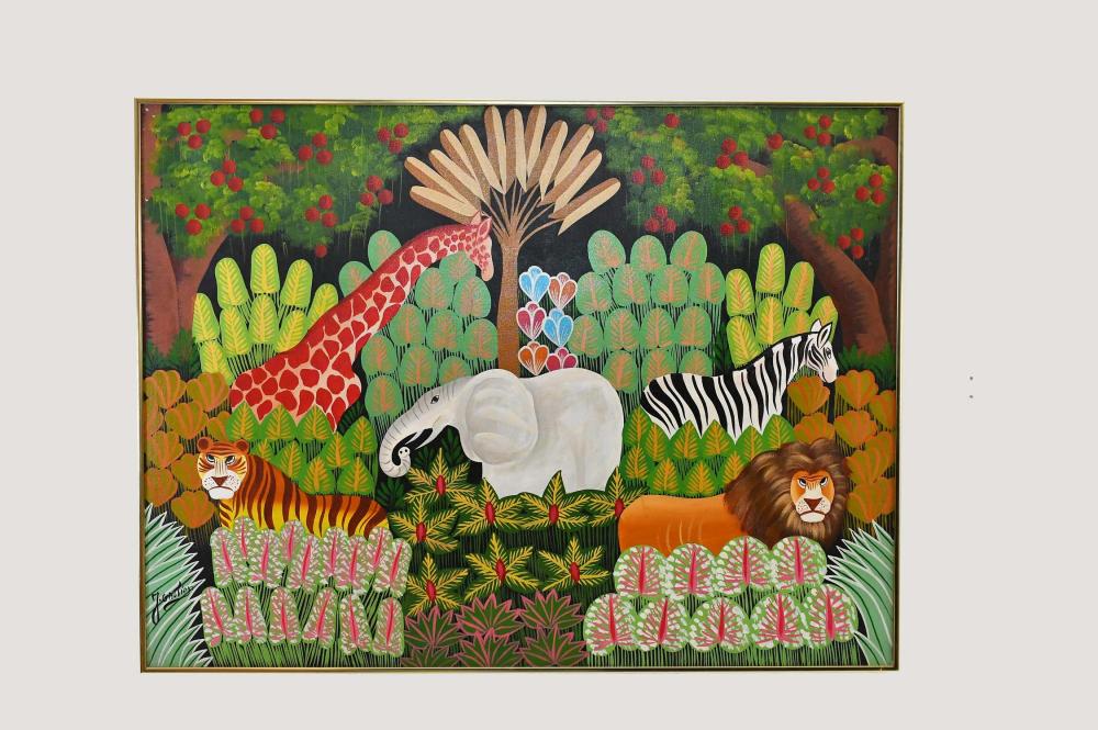 Appraisal: JOEL GAUTHIER HAITIAN B PAINTINGWildlife Menagerie Amidst Fruited Trees Signed