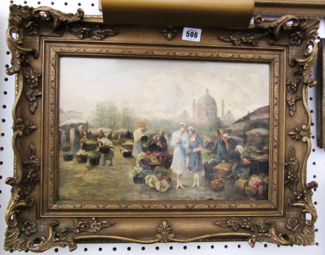 Appraisal: E Burbaric early th century THe flower market oil on