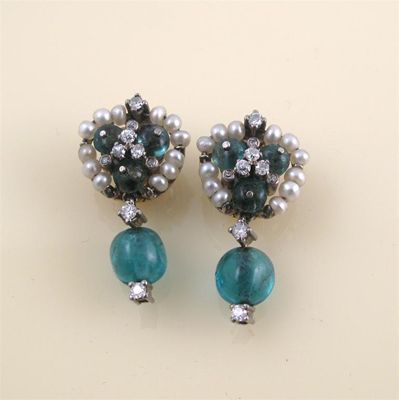 Appraisal: A pair of cabochon emerald diamond and pearl drop earrings