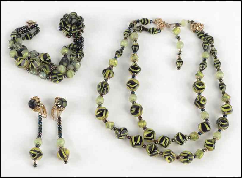 Appraisal: HOBE GREEN STRIPED GLASS BEAD PARURE Comprising a two-strand necklace