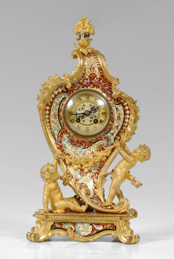 Appraisal: TIFFANY BRONZE DORE AND ENAMEL FIGURAL MANTLE CLOCK Gilt bronze