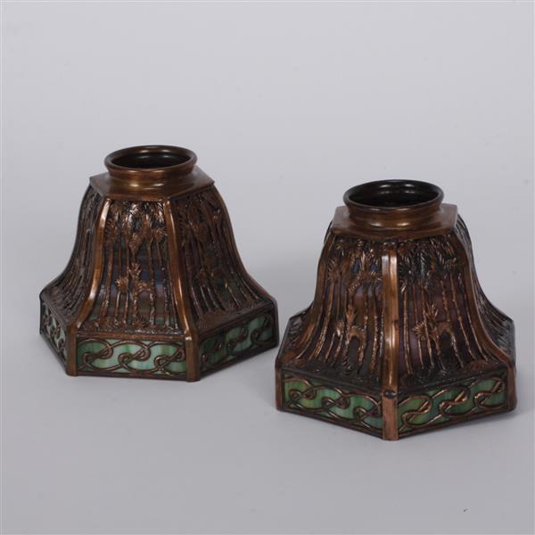 Appraisal: Pair of Handel Hawaiian sunset slag glass lamp shades with