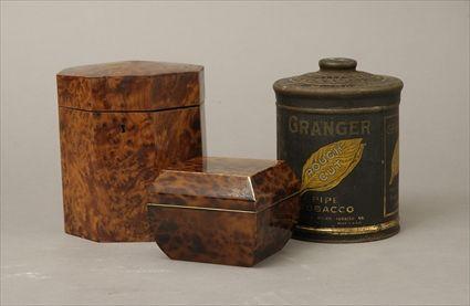 Appraisal: Two Burlwood Covered Boxes Together with a tobacco tin larger