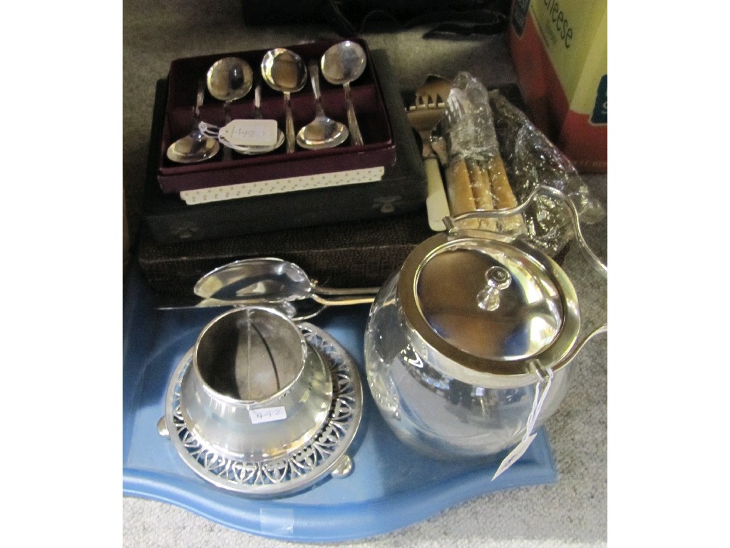 Appraisal: Tray lot of EP items and cutlery - biscuit barrel