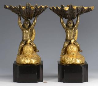 Appraisal: Pr Bronze Sculptures w Cherubs Shells Pair of bronze compotes