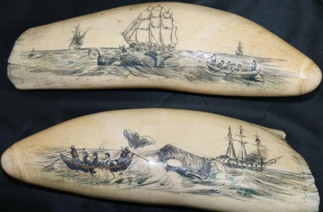 Appraisal: TWO SIMILAR EARLY TH CENTURY SCRIMSHAWEDWHALE'S TEETH FROM THE ESTATE