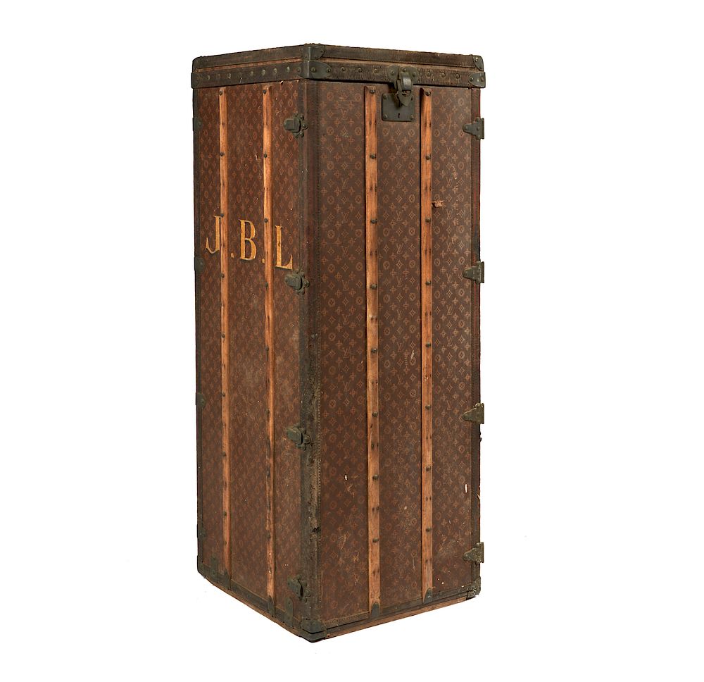 Appraisal: Louis Vuitton Wardrobe Trunk Louis Vuitton early th century wardrobe