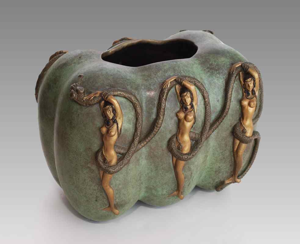 Appraisal: ERTE BRONZE FIGURAL NUDES WITH SNAKES Bronze vase with figural