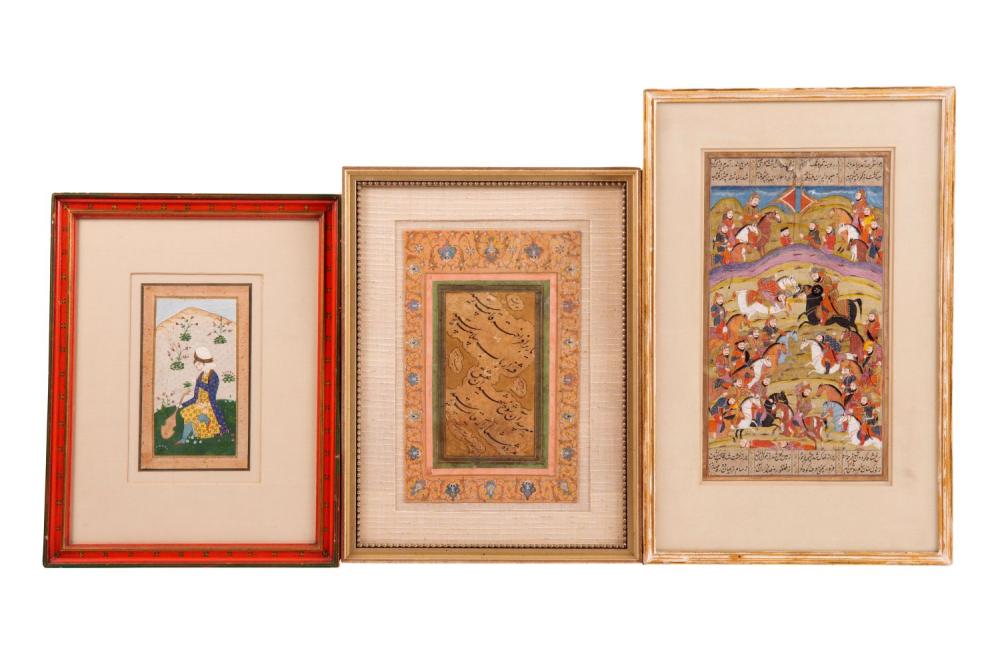 Appraisal: THREE ISLAMIC MANUSCRIPT LEAVESframed from small to large x inches