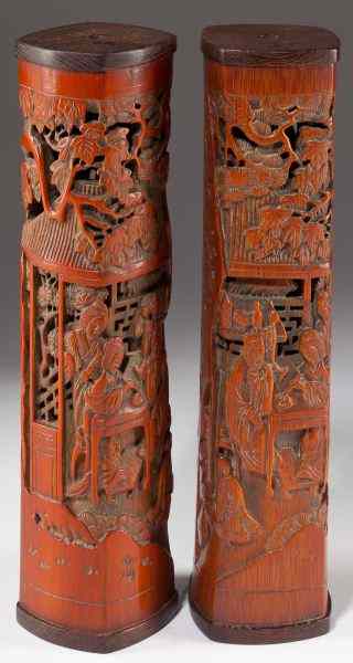 Appraisal: Pair of Chinese Carved Bamboo Incense Holders th century pierced