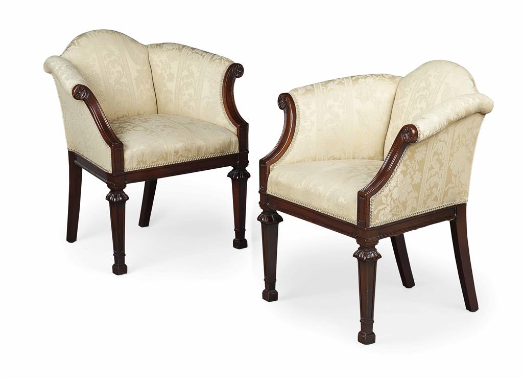 Appraisal: PAIR OF EDWARDIAN MAHOGANY FRAMED ARMCHAIRS EARLY TH CENTURY the