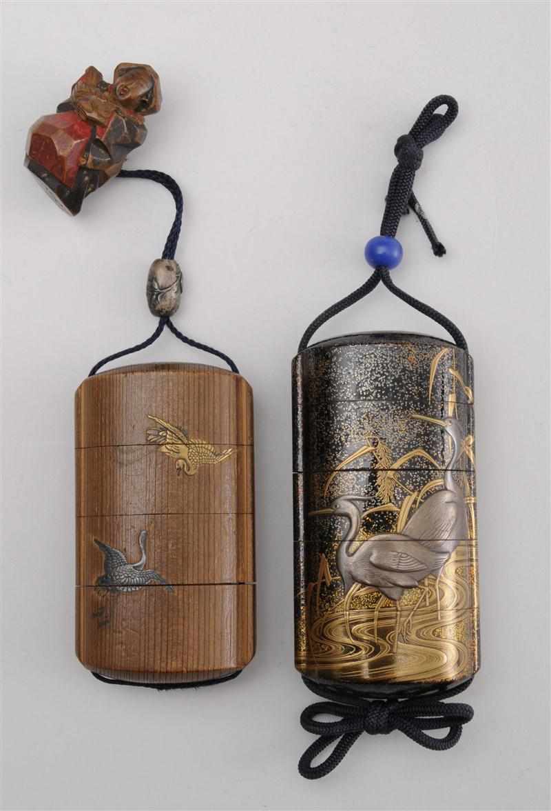 Appraisal: JAPANESE LACQUER AND MOTHER-OF-PEARL FOUR-CASE INRO Decorated with a stream