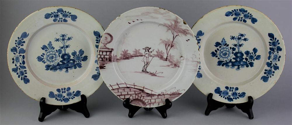 Appraisal: THREE ENGLISH DELFT PLATES one ca London with manganese scene