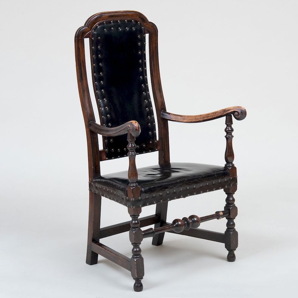 Appraisal: William and Mary Style Maple Leather-Back Armchair x x in