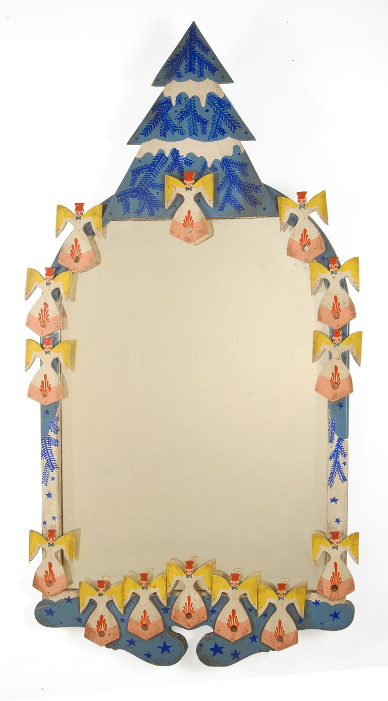 Appraisal: PETER HUNT-DECORATED FRAMED MIRROR th CenturyWith wooden dome-top frame surmounted