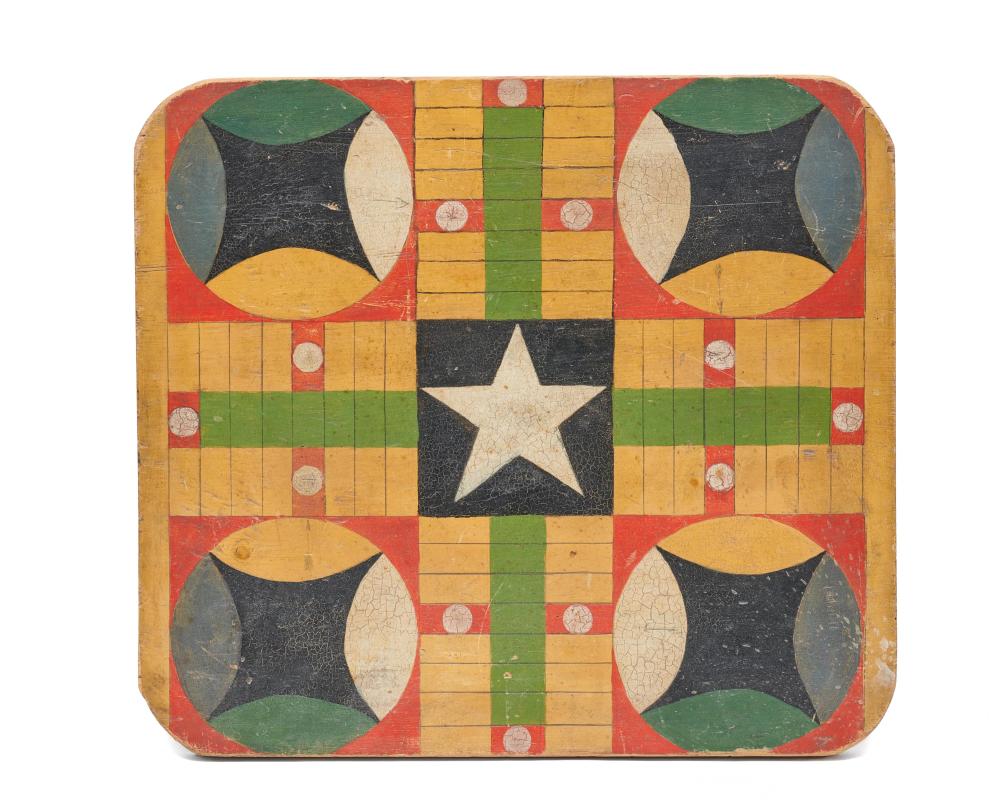 Appraisal: Paint-Decorated Parcheesi Game Board with central star motif x in