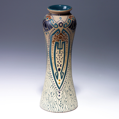 Appraisal: Fine ROSEVILLE Fudji corseted vase decorated in squeezebag with stylized