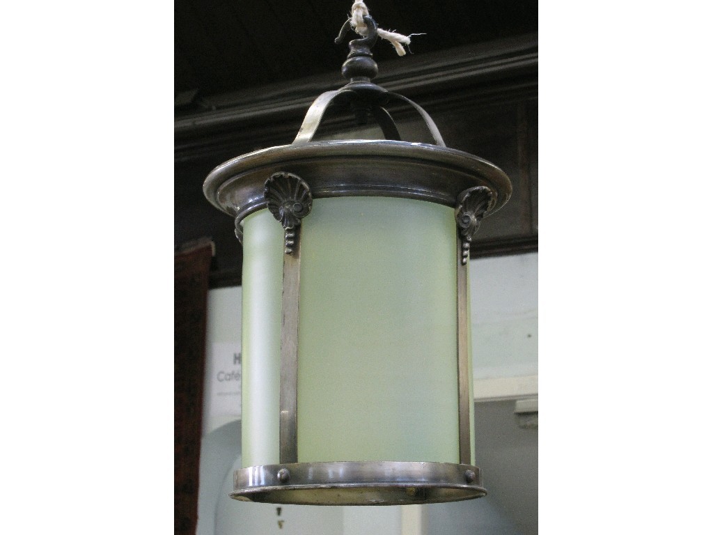 Appraisal: White metal lantern ceiling lightshade with opalescent glass liner