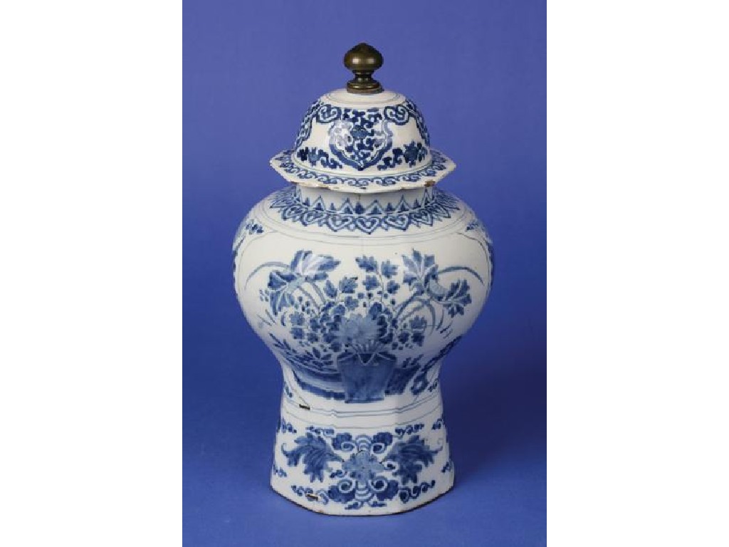 Appraisal: A DELFTWARE BLUE AND WHITE VASE AND COVER of baluster