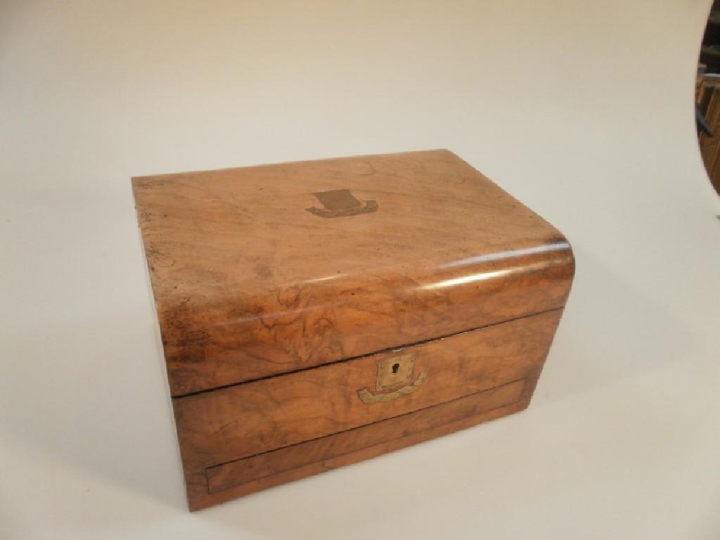 Appraisal: An early thC burr walnut ladies travelling toilet box the