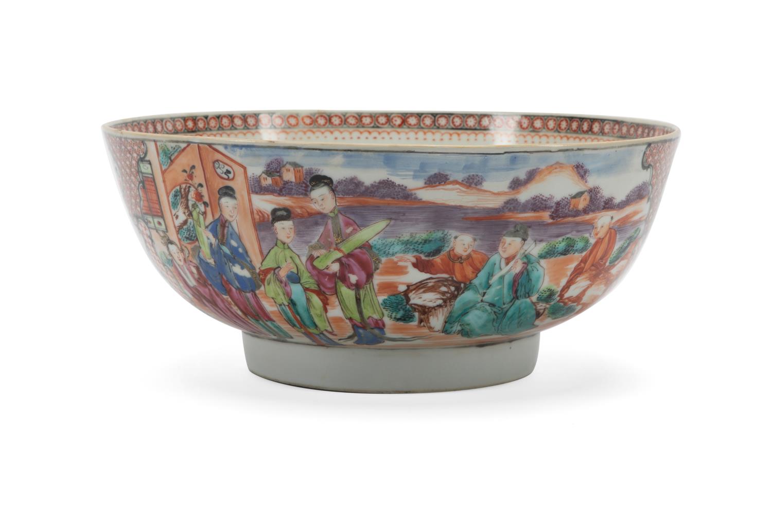 Appraisal: CHINESE EXPORT MANDARIN PALETTE FIGURAL PUNCH BOWL Chinese Rose Mandarin