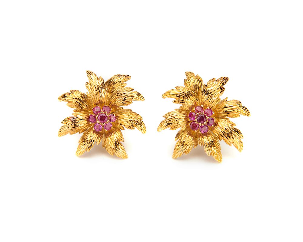 Appraisal: TIFFANY CO K Gold and Ruby Earrings TIFFANY CO K