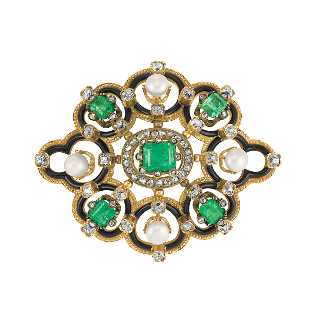 Appraisal: Antique Gold Emerald Button Pearl and Diamond Brooch pearls ap