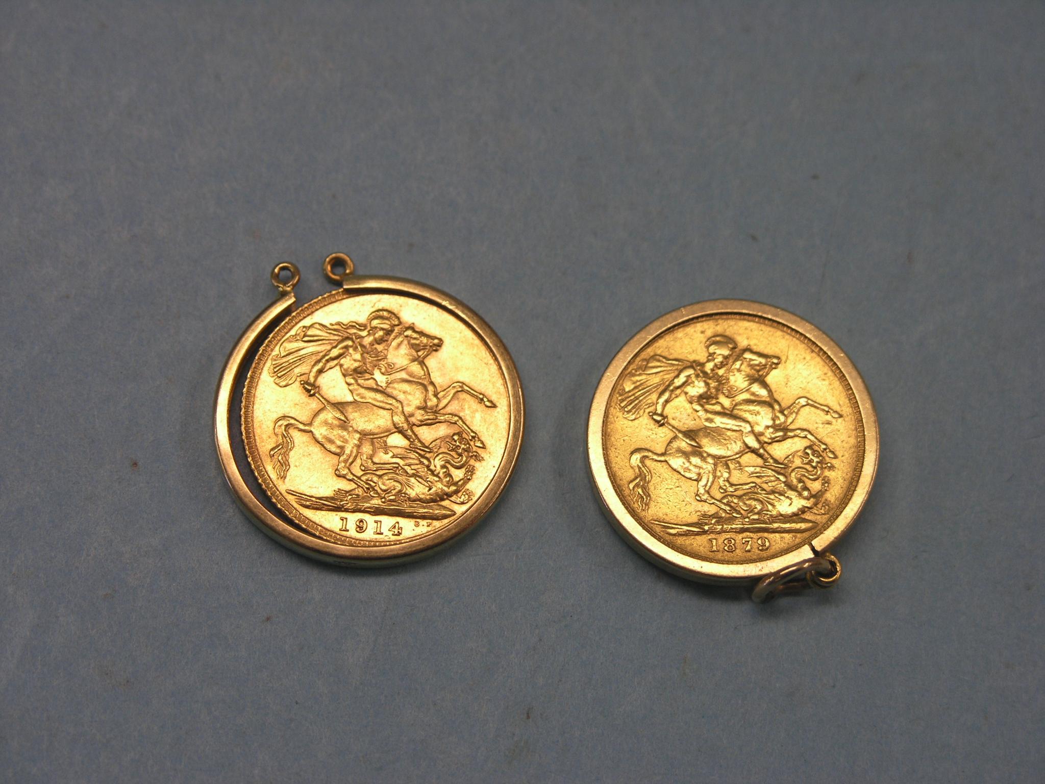 Appraisal: Two gold sovereigns each within ct gold mount