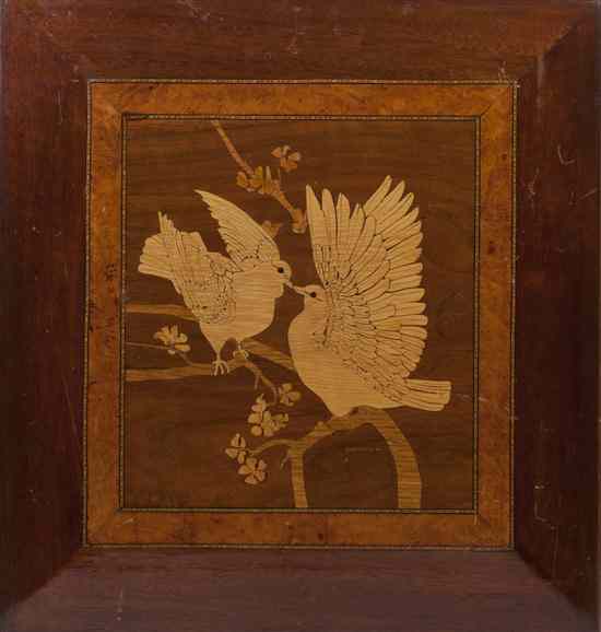 Appraisal: A Continental Marquetry Inlaid Panel depicting two doves on a