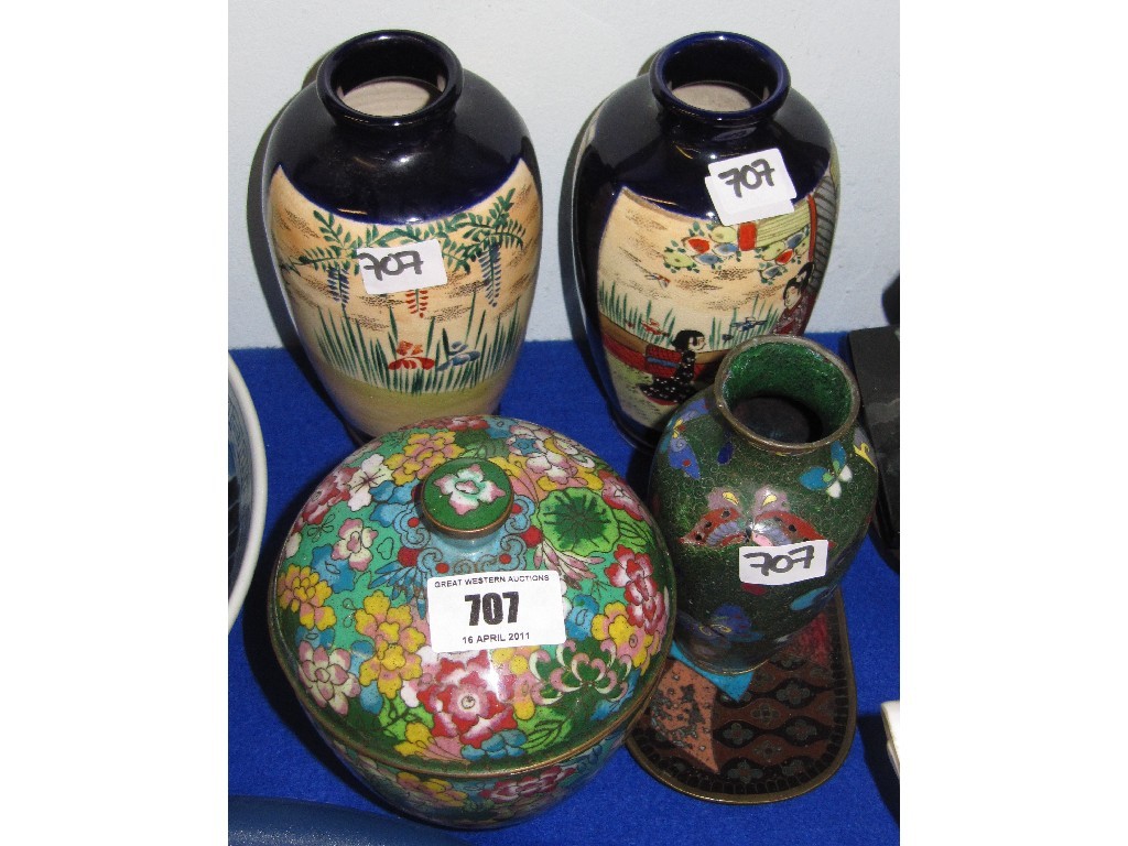 Appraisal: Lot comprising two Satsuma vases and three pieces of Cloisonne