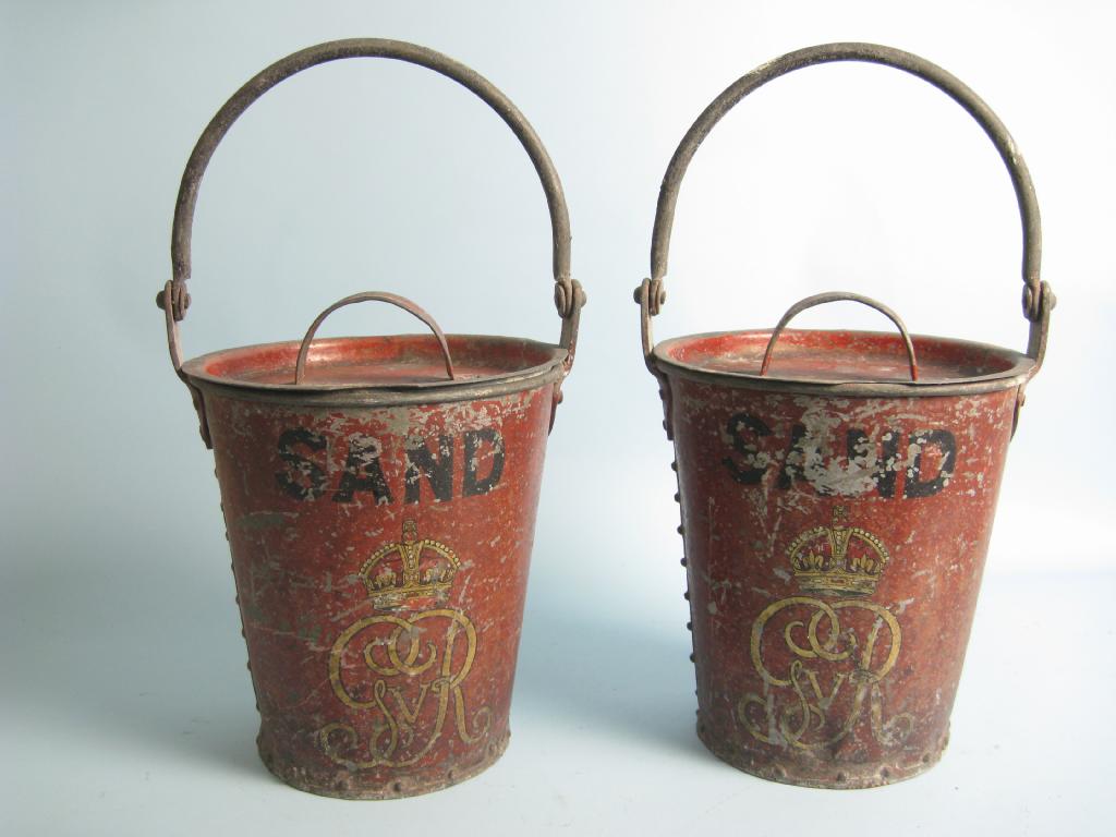 Appraisal: Two sand Fire Buckets painted red with George V royal