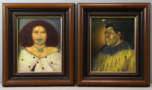 Appraisal: Pair of Maori Portraits on Porcelain Plaques Portraits of Raiha