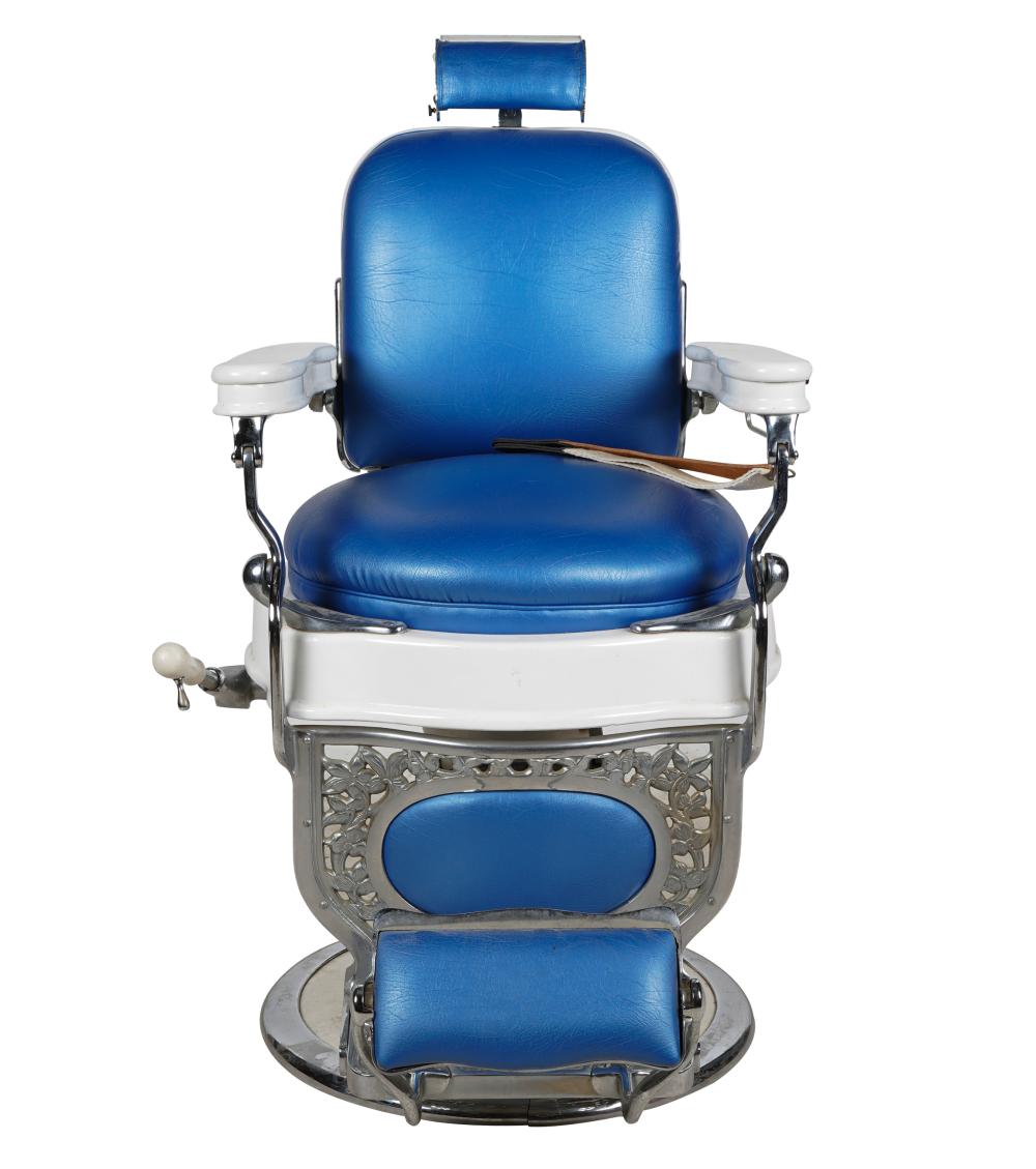 Appraisal: ENAMELED STEEL BLUE LEATHER BARBER'S CHAIRmarked Manufactured by Theo A