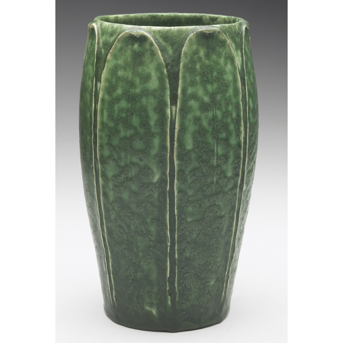 Appraisal: Good Grueby vase early tapered shape with carved vertical leaves