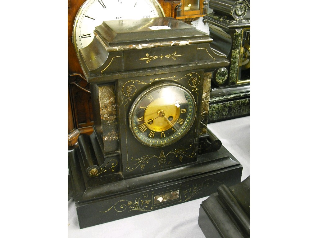 Appraisal: Black slate and green marble two train mantel clock the