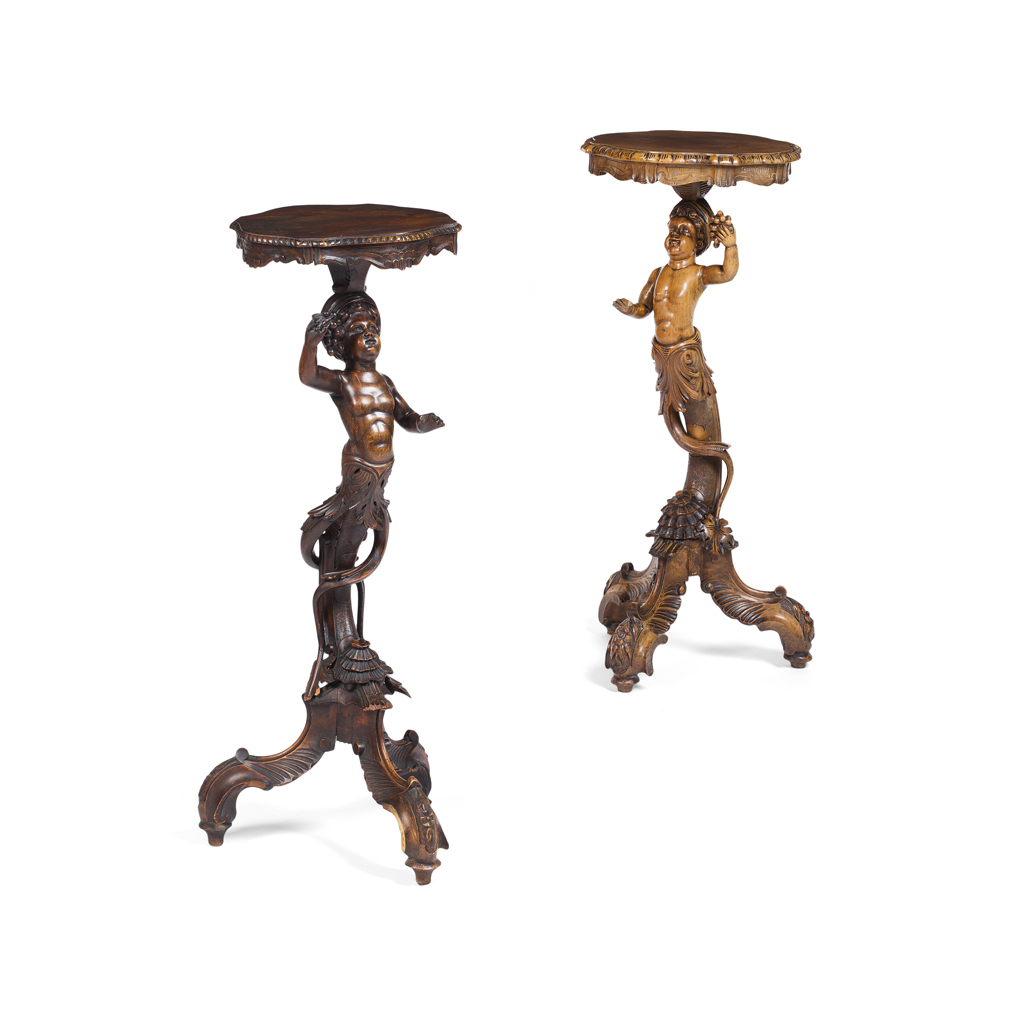 Appraisal: TWO VENETIAN CARVED FRUITWOOD BLACKAMOOR TRIPOD TABLES LATE TH EARLY