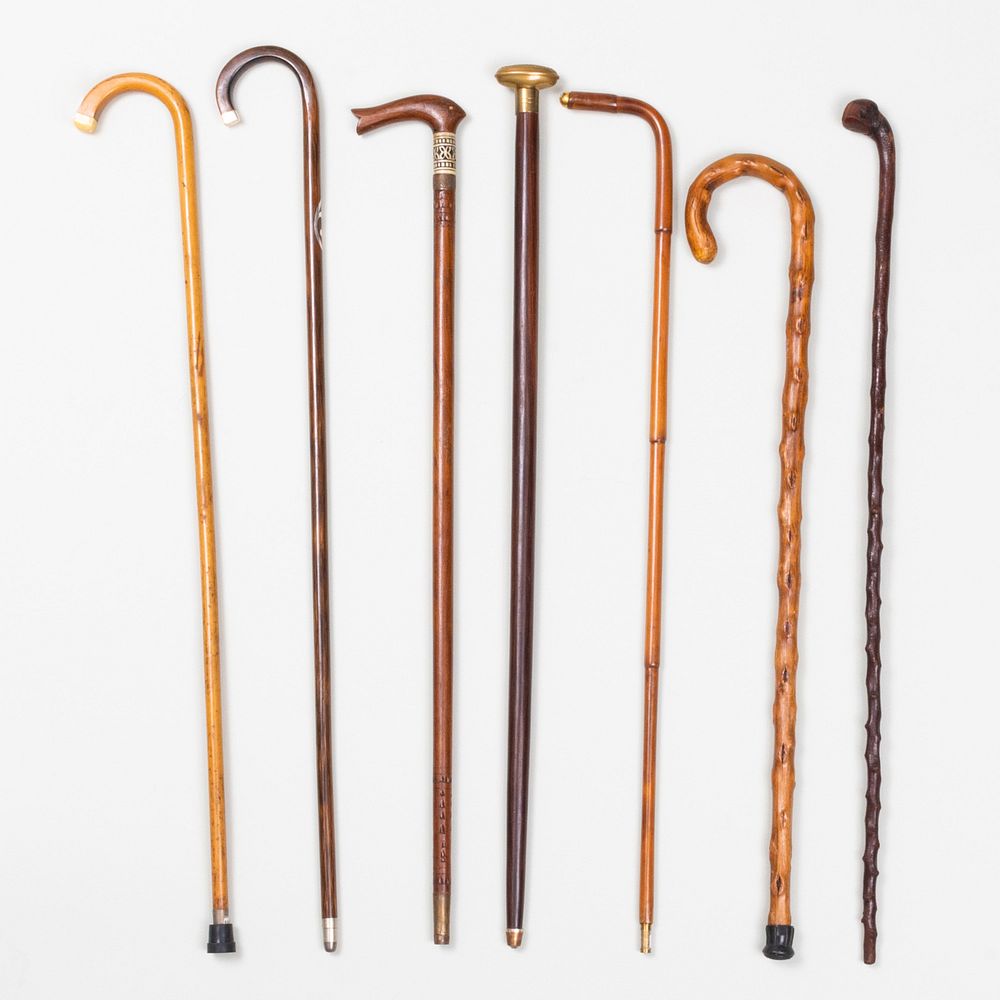 Appraisal: Group of Seven Walking Sticks Comprising Two twig sticks A