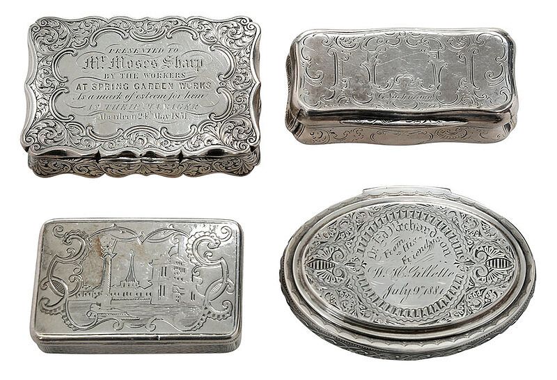 Appraisal: English American and Russia Silver Boxes largest English silver engraved