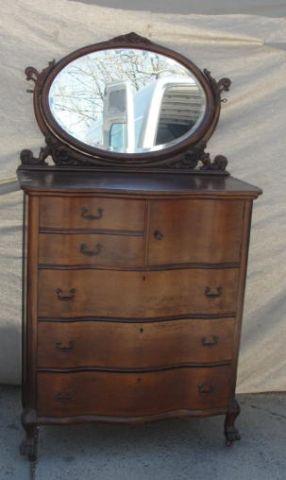 Appraisal: Oak Serpentine Front Bonnet Chest with Mirror As is From