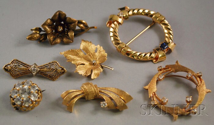 Appraisal: Six kt Gold and Diamond Brooches one with sapphire accent