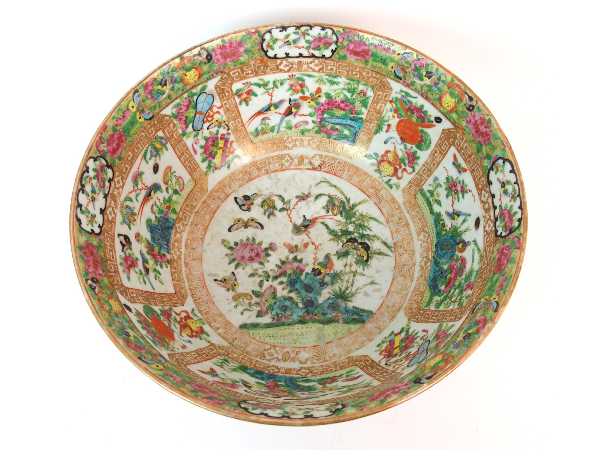 Appraisal: A Canton famille rose punch bowlpainted with panels of birds