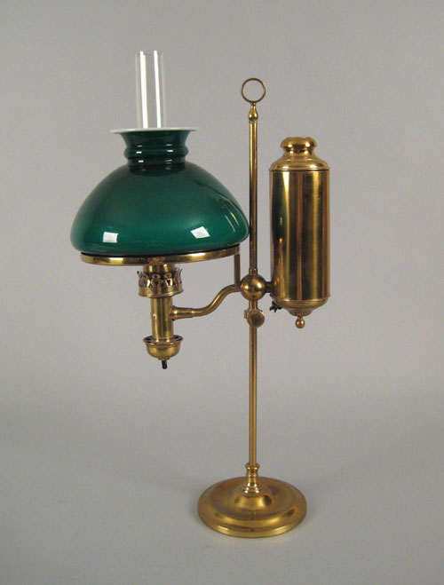 Appraisal: Brass single arm student lamp with green glass shade marked