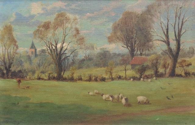 Appraisal: Framed oil on board painting Pasture with Sheep signed lower