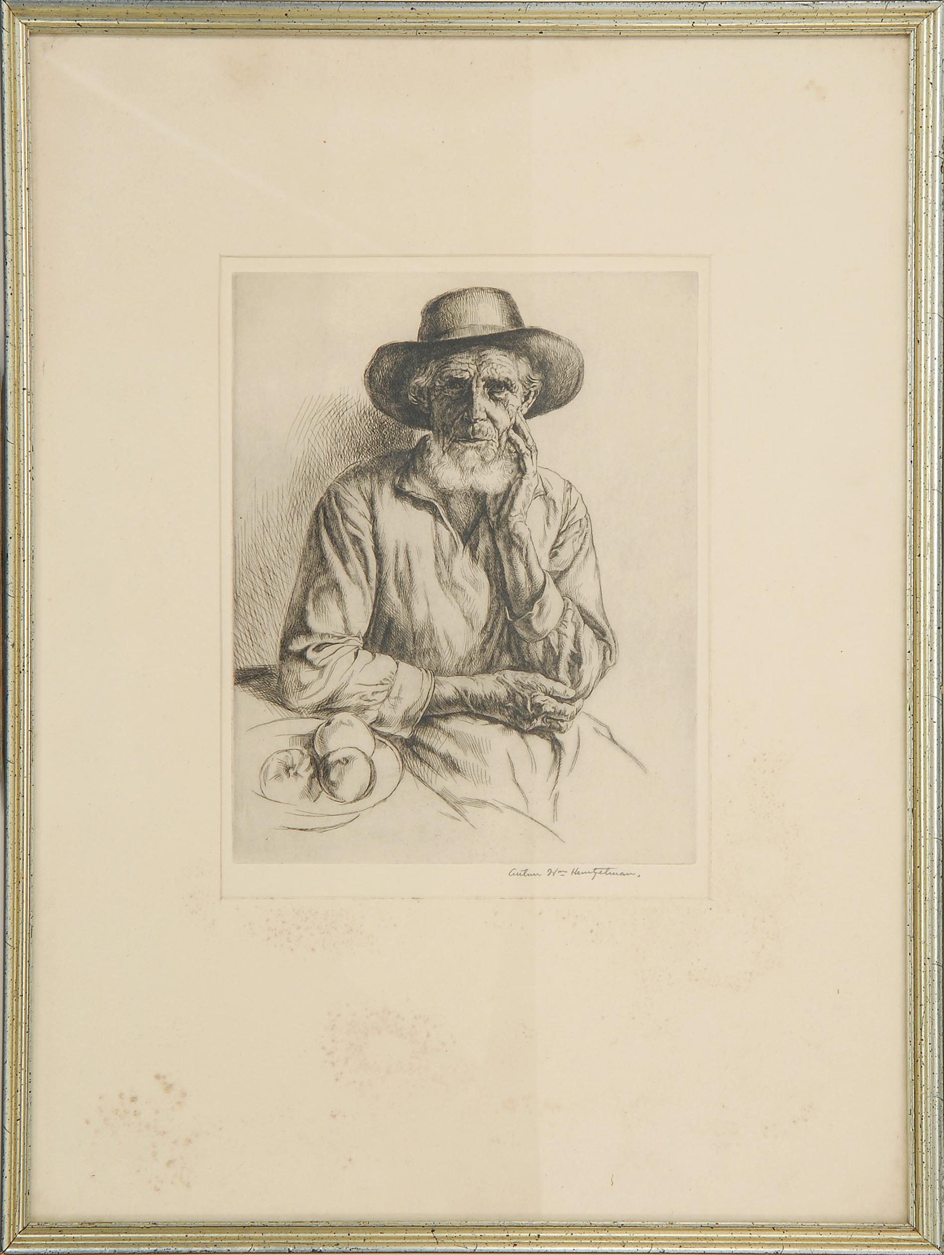 Appraisal: FRAMED ETCHING ARTHUR WILLIAM HEINTZELMAN American - An elderly man