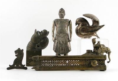 Appraisal: An Indian bronze scribes travelling case a bronze well head